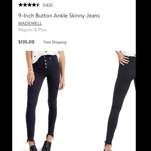 Madewell 9” High Rise Skinny Jeans Berkeley Wash